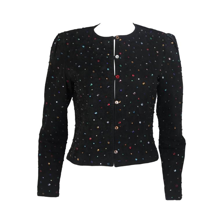 Black Suede Rhinestone Adorned Jacket Size Medium For Sale at 1stDibs