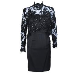 PATRICK KELLY Circa 1980's Black Sequin Lace Blouse and Cocktail Dress Size 4 11