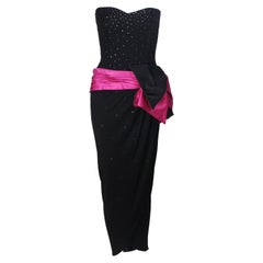 TRACEY MILLS 1980's Black Gown with Magenta Contrast and Large Bow Size 4-6