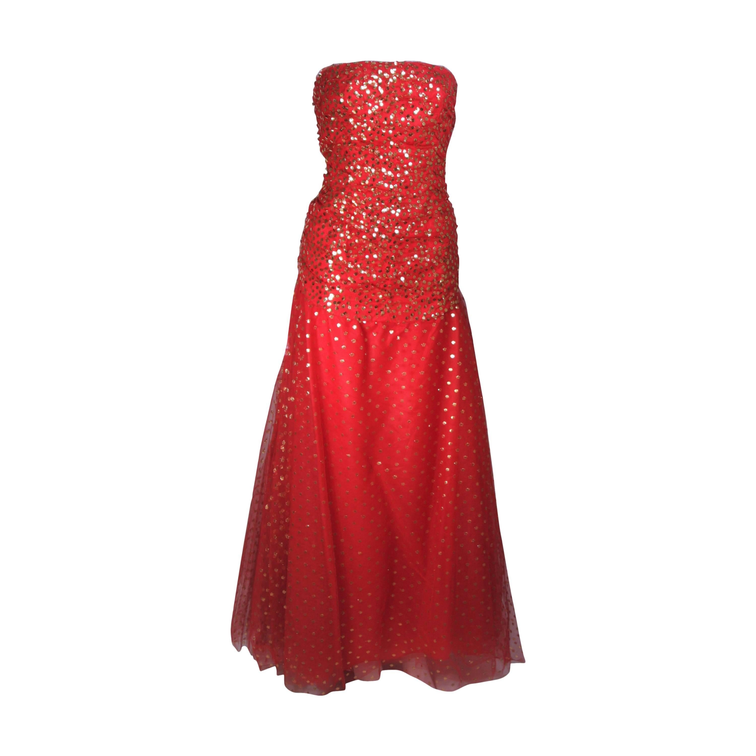 VICTOR COSTA Red Layered Mesh Gown with Gold Sequins Size 8