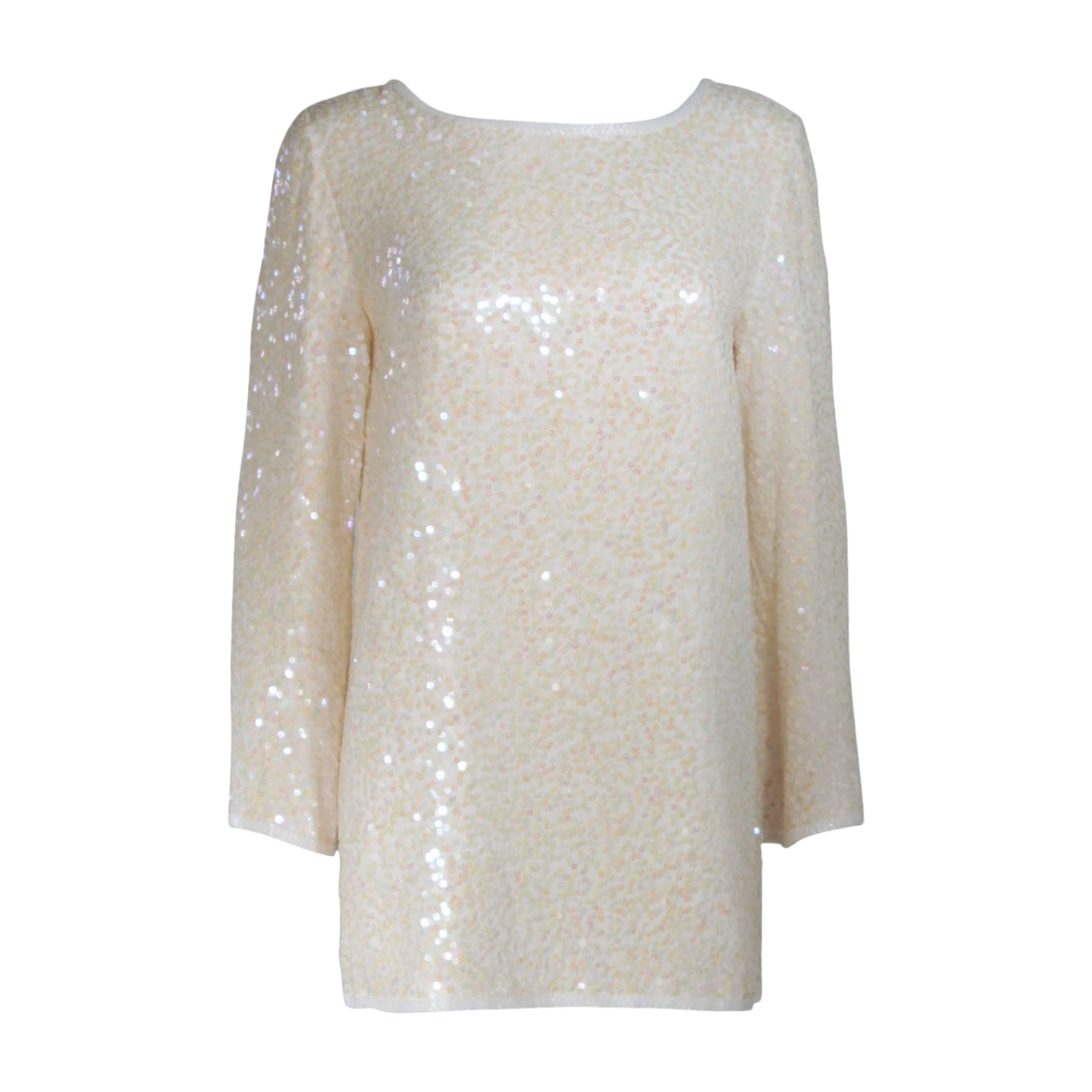OLEG CASSINI Off White Silk Iridescent Sequin Embellished Tunic Size 6