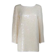 OLEG CASSINI Off White Silk Iridescent Sequin Embellished Tunic Size 6 9