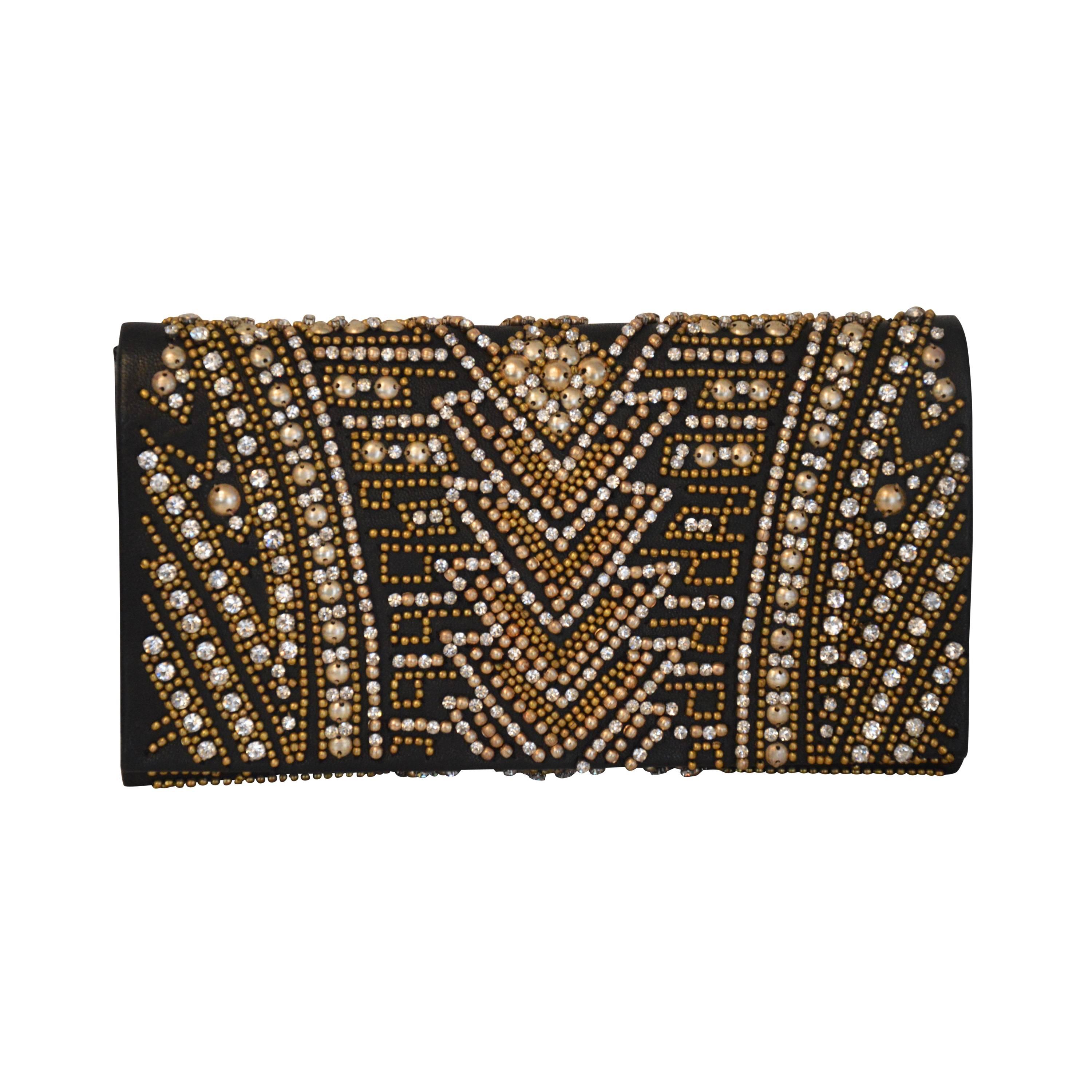 Rare Olivier Rousteing for Balmain Black Embroidered Leather Clutch For Sale