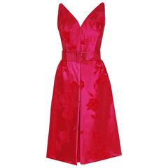Vintage 1950's Teal Traina Fuchsia-Pink Roses Floral Flocked Satin Plunge Belted Dress
