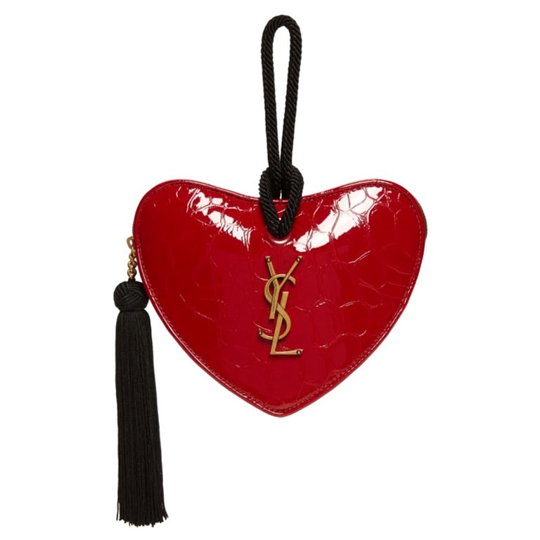 Saint Laurent Croc Embossed Sac Coeur Heart Clutch - Red