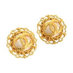 Retro Chanel Caged Gold and Pearl Round Button Earrings 