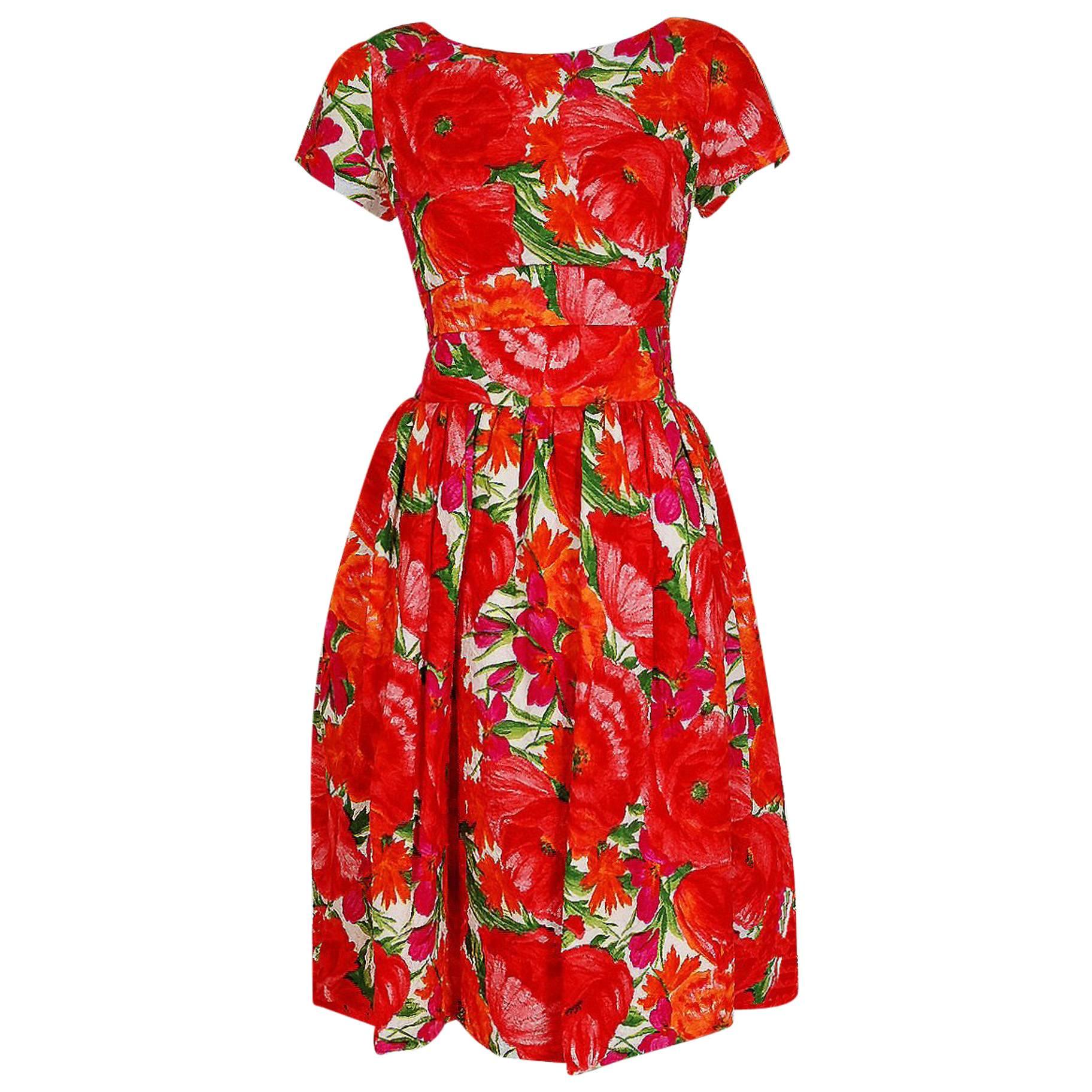 1958 Christian Dior New York Red-Roses Floral Garden Silk Back-Bow Party Dress