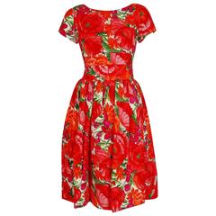 1958 Christian Dior New York Red-Roses Floral Garden Silk Back-Bow Party Dress