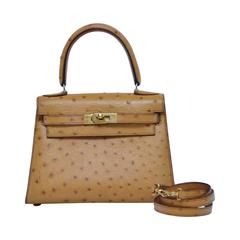 HERMES Very Special Mini Vintage Ostrich Kelly 20 CM Gold Natural