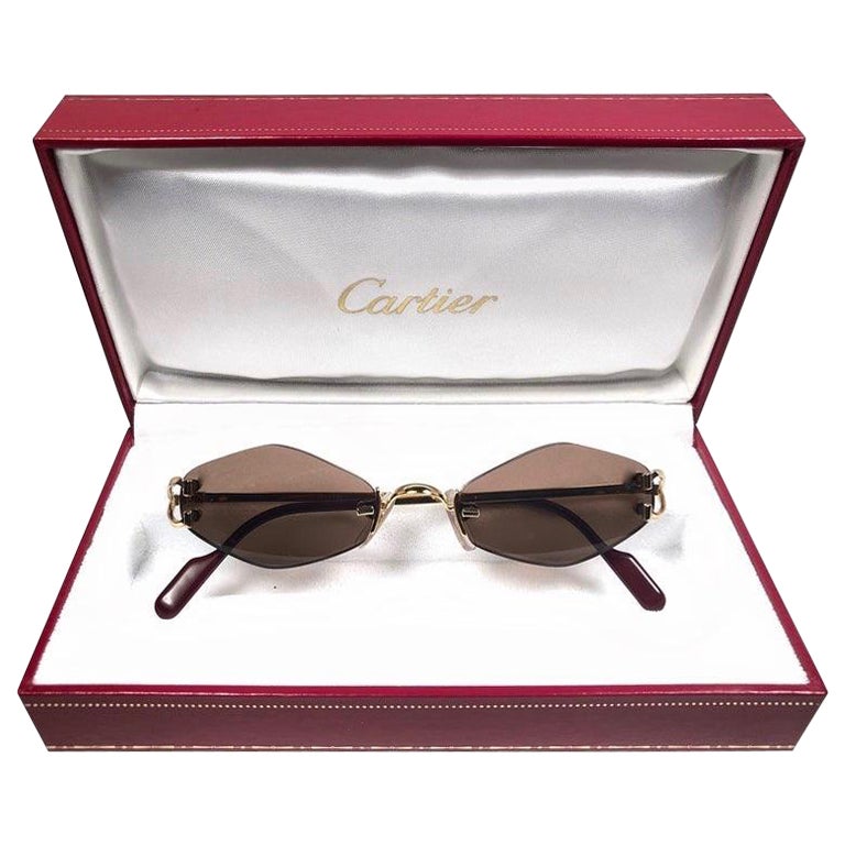 New Vintage Cartier Soho Gold Rimless Brown Lens France Sunglasses