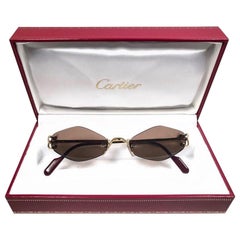 New Vintage Cartier Soho Gold Rimless Brown Lens France Sunglasses