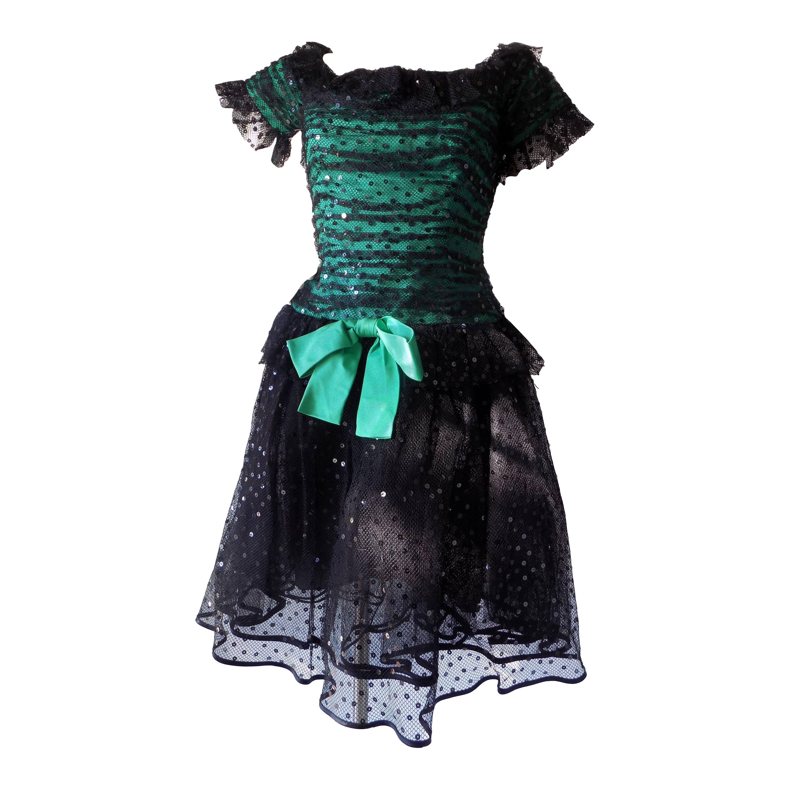 1980s Peter Keppler couture Green black dress For Sale