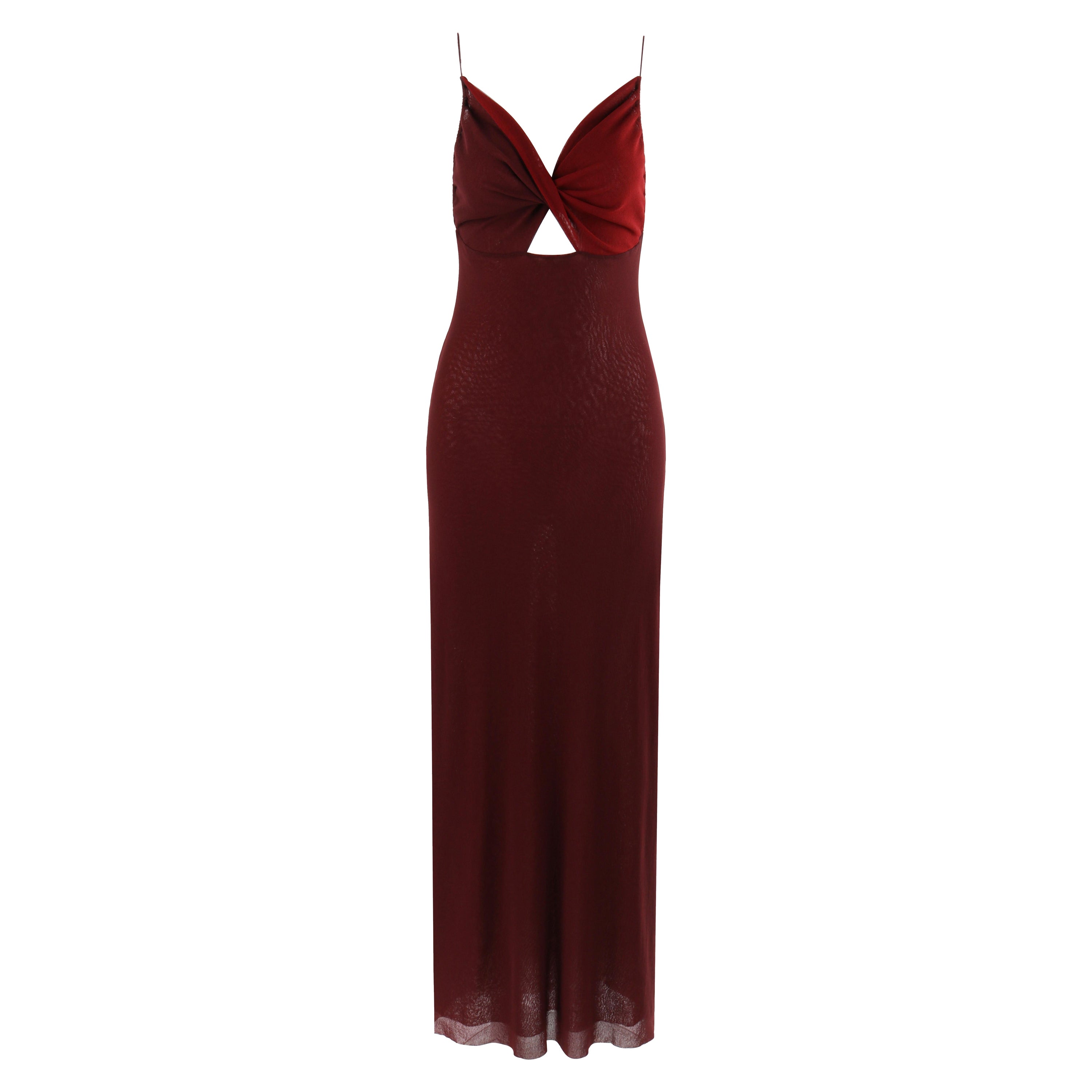 JEAN PAUL GAULTIER Burgundy Semi-Sheer Mesh Twist Cutout Tank Top Maxi Dress en vente