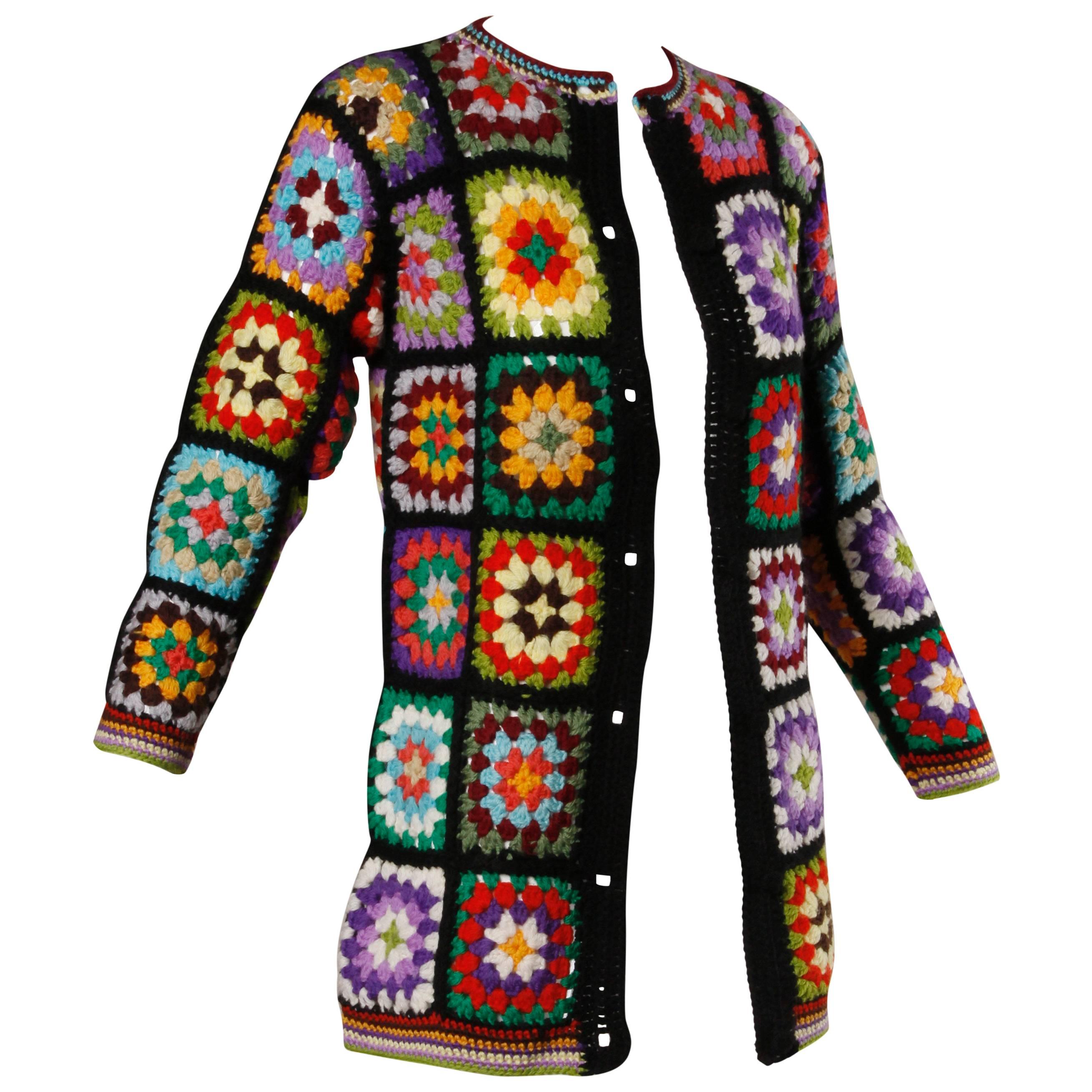 Adolfo für Neiman Marcus Vintage Wolle Granny Squares gehäkelt Strickjacke Pullover