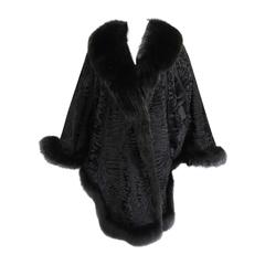 Retro Black Persian Lamb Cocoon Cape with Knit Insets and Fox Fur Trim