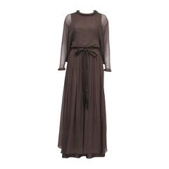 Jean Varon by John Bates taupe chiffon evening gown, c. 1970s 1