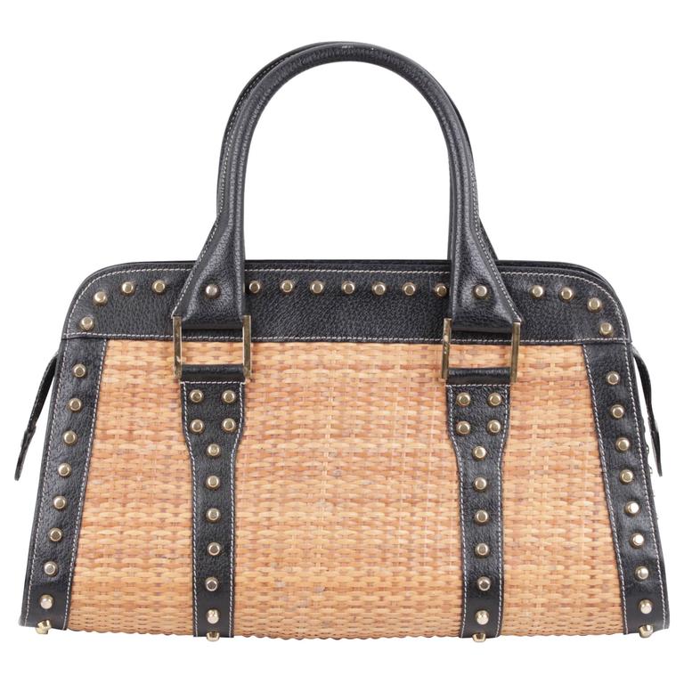 FENDI Italian STRAW and Black Leather STUDDED LARGE TOTE Handbag