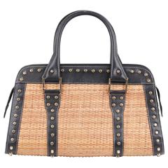 FENDI Italian STRAW & Schwarzes Leder STUDDED LARGE TOTE Handtasche SATCHEL