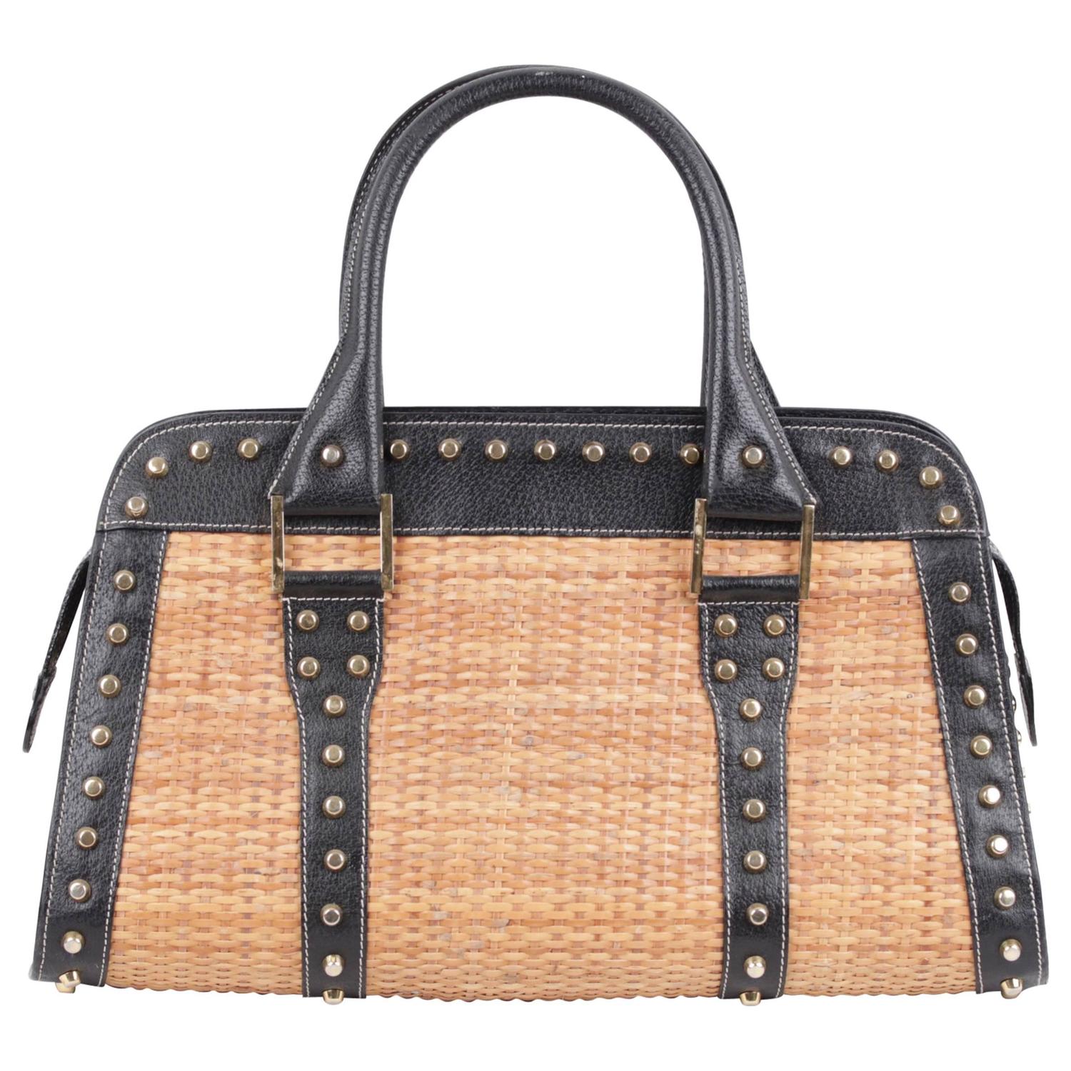 FENDI Italian STRAW and Black Leather STUDDED LARGE TOTE Handbag SATCHEL For Sale at 1stdibs