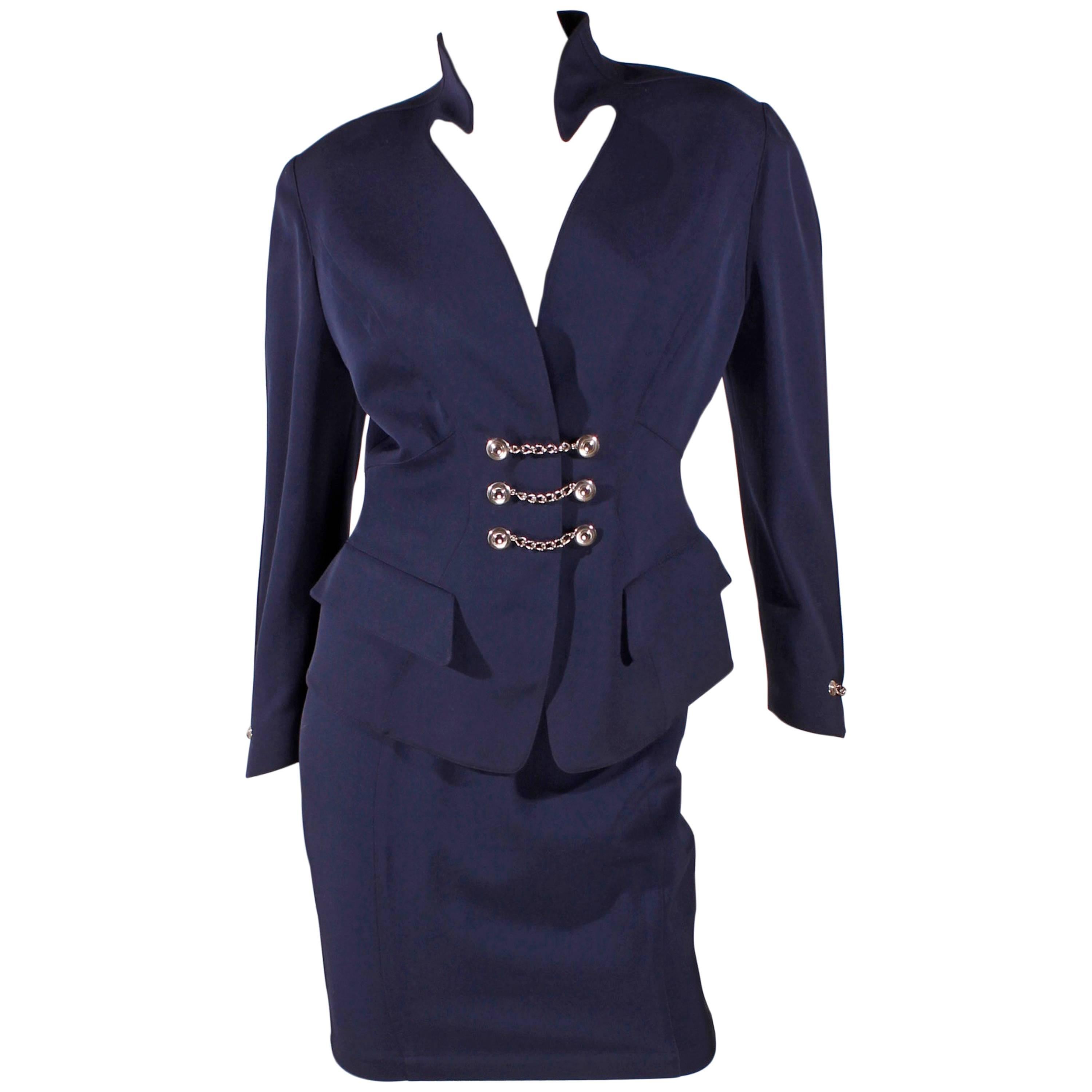 1980's Thierry Mugler Suit Skirt - dark blue silver chain buttons For Sale