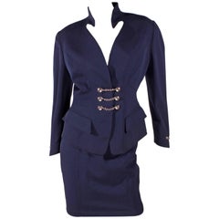 1980's Thierry Mugler Suit Skirt - dark blue silver chain buttons