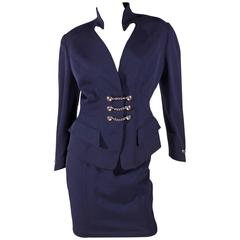 1980's Thierry Mugler Suit Skirt - dark blue silver chain buttons 6