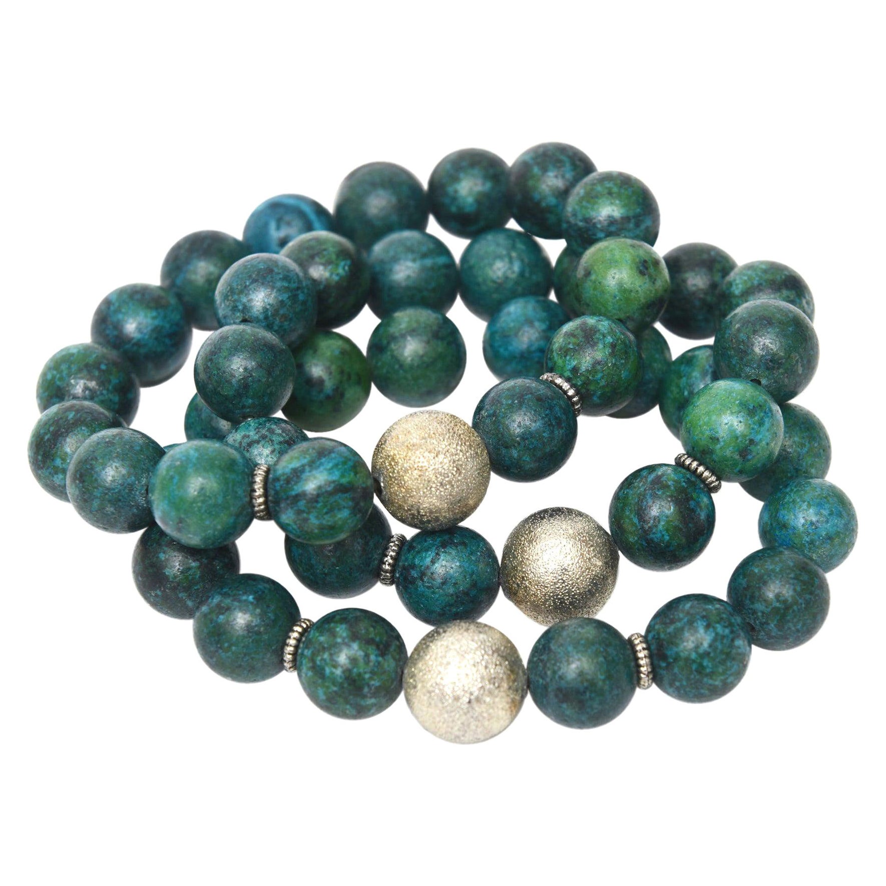 Trio de  Bracelets en perles de turquoise et boules d'argent fabriqués sur mesure par le bijoutier en vente