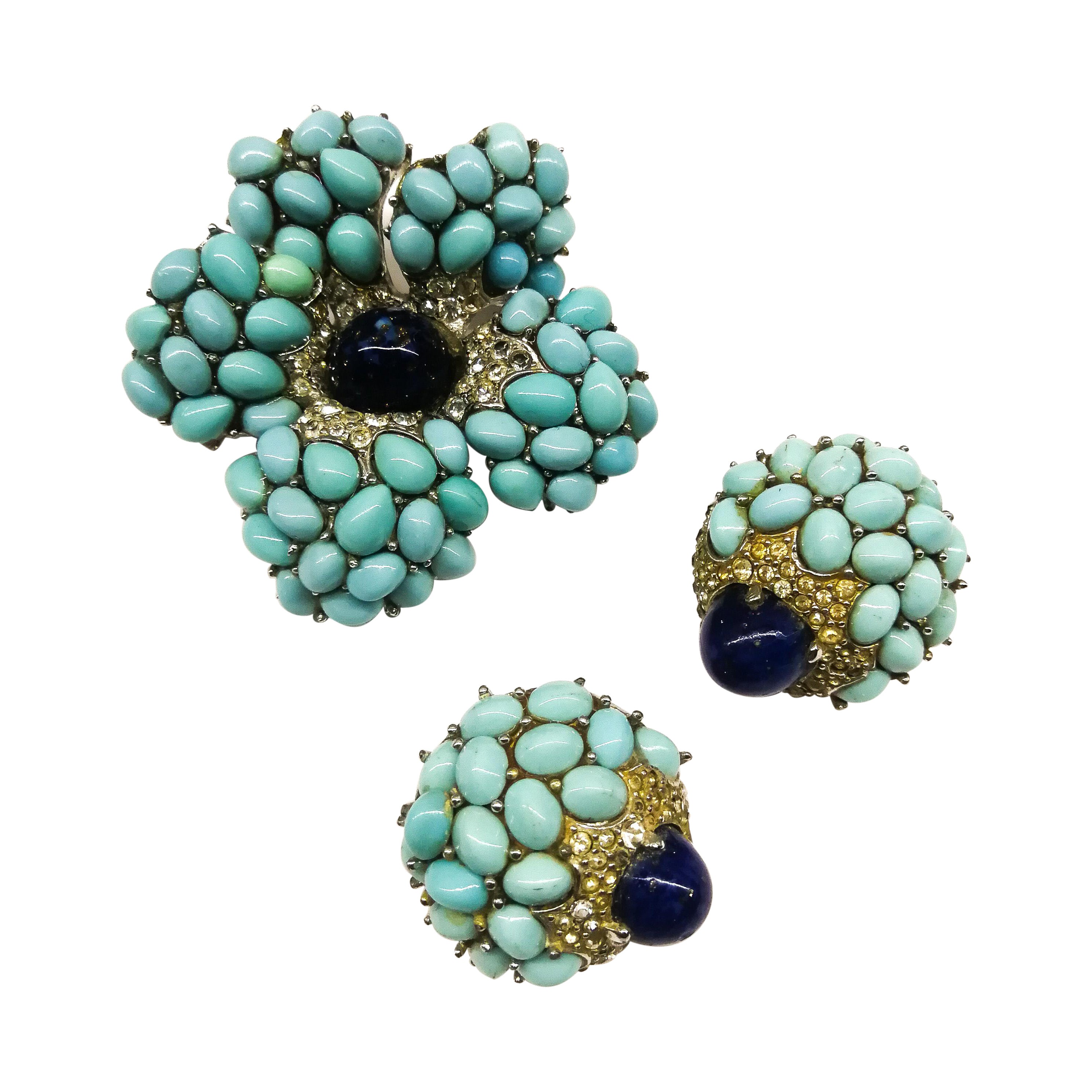 Turquoise glass cabuchon, clear paste brooch and earrings, Marcel Boucher, 1960s