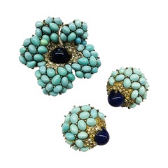 Vintage Turquoise glass cabuchon, clear paste brooch and earrings, Marcel Boucher, 1960s