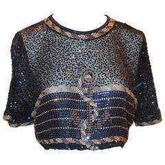 Vintage Black & Gold Beaded and Sequined Crop Top with Anchor Design - S