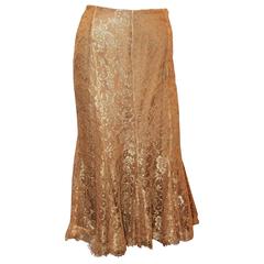 Ralph Lauren Metallic Gold Lace Tea Length Skirt w/ Flared Bottom - 12