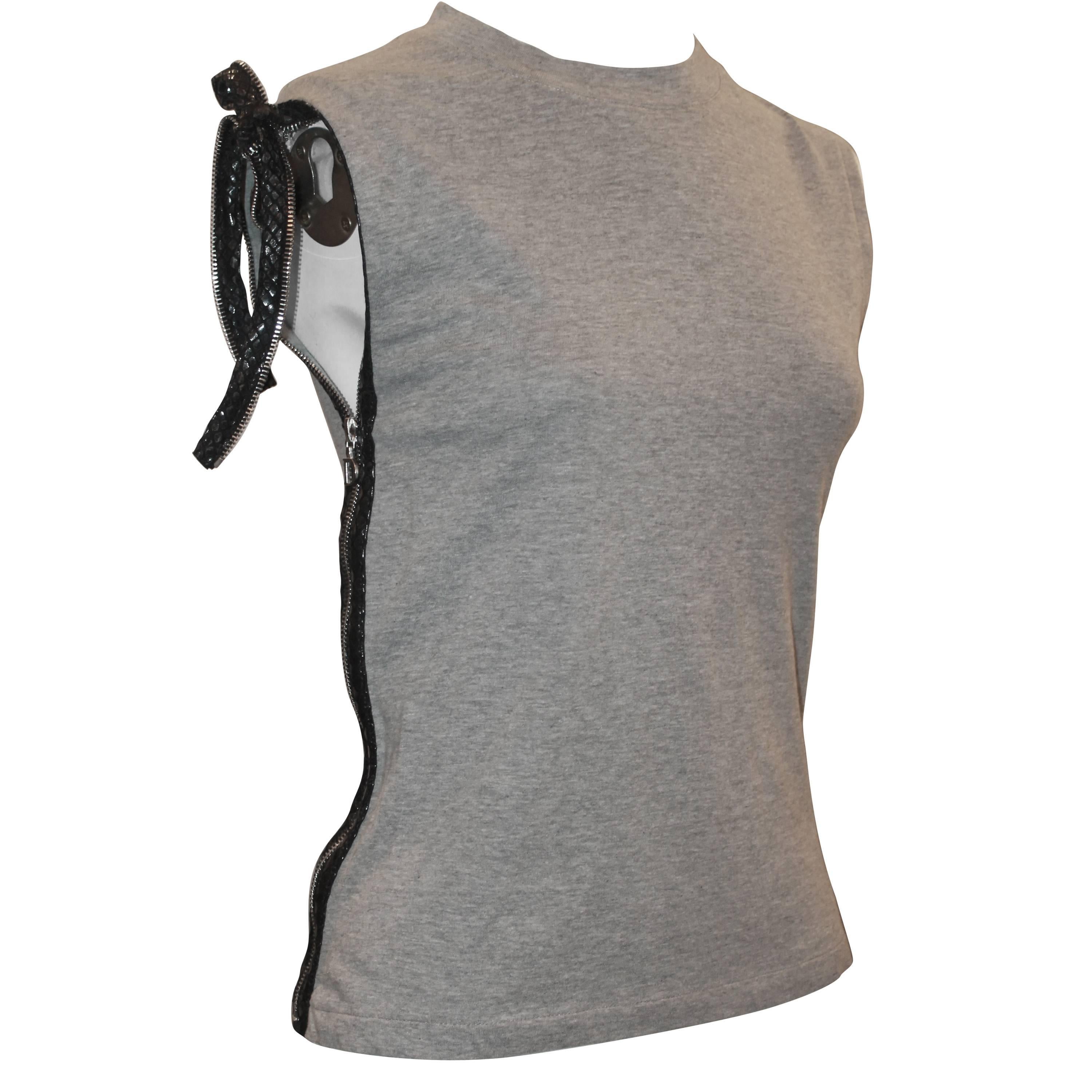 Christian Dior Grey Cotton Sleeveless Top w/ Leather Side Zip & Bow- US: 8 FR:40