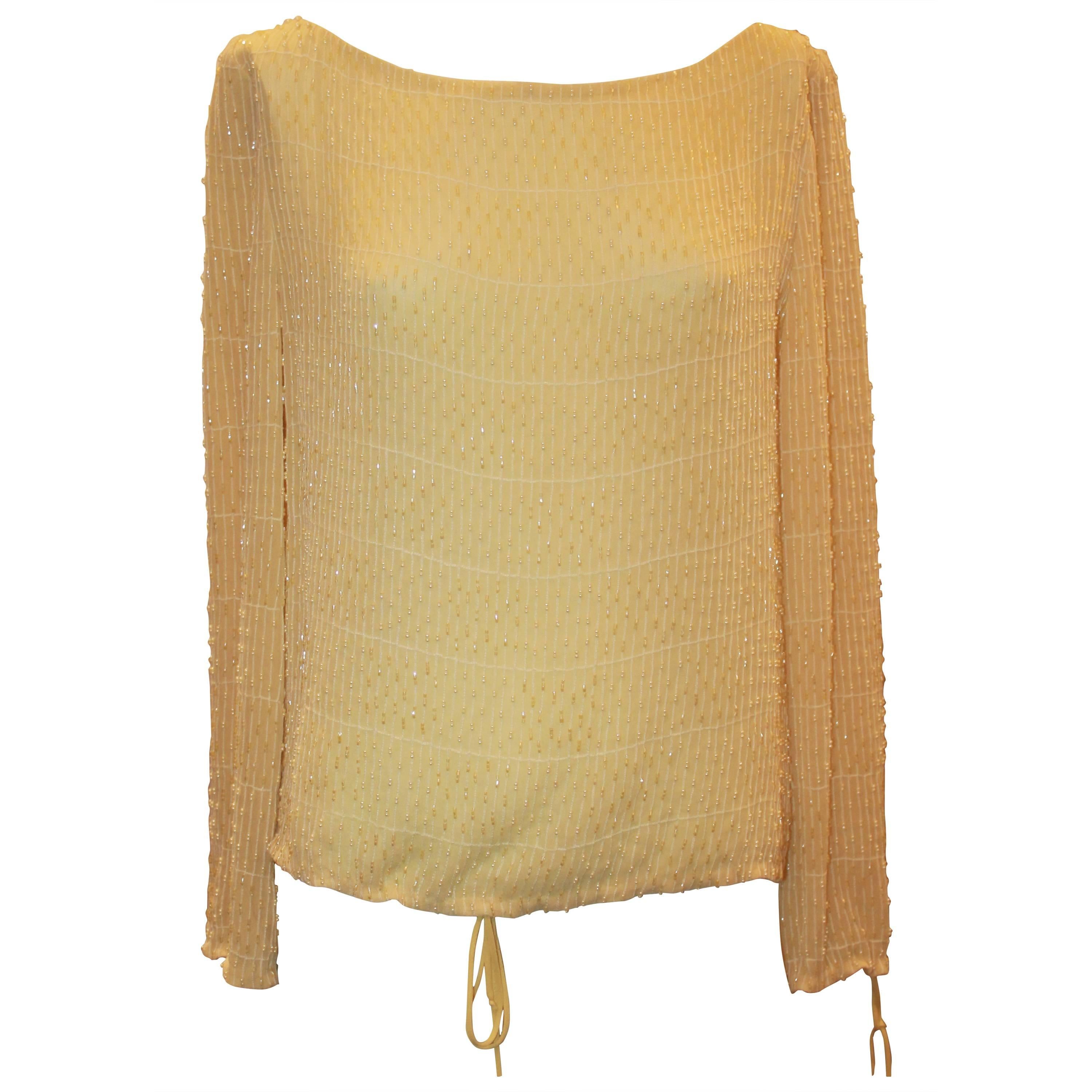 Badgley Mischka Pale Yellow Silk Chiffon Long Sleeve Top w/ Beading - 4