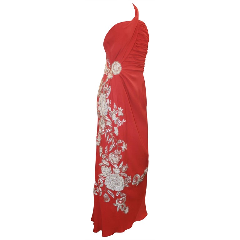 Naeem Khan Coral Silk One Shoulder Gown w/ White Floral Beading and Shawl -  12 For Sale at 1stDibs | naeem kahn, naeem khan dresses, naeem khan floral  embroidered dress
