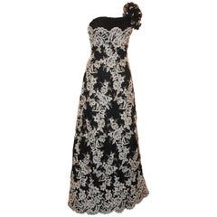 Tina diMartina Black & White Silk & Chiffon Soutache Lace One Shoulder Gown -10