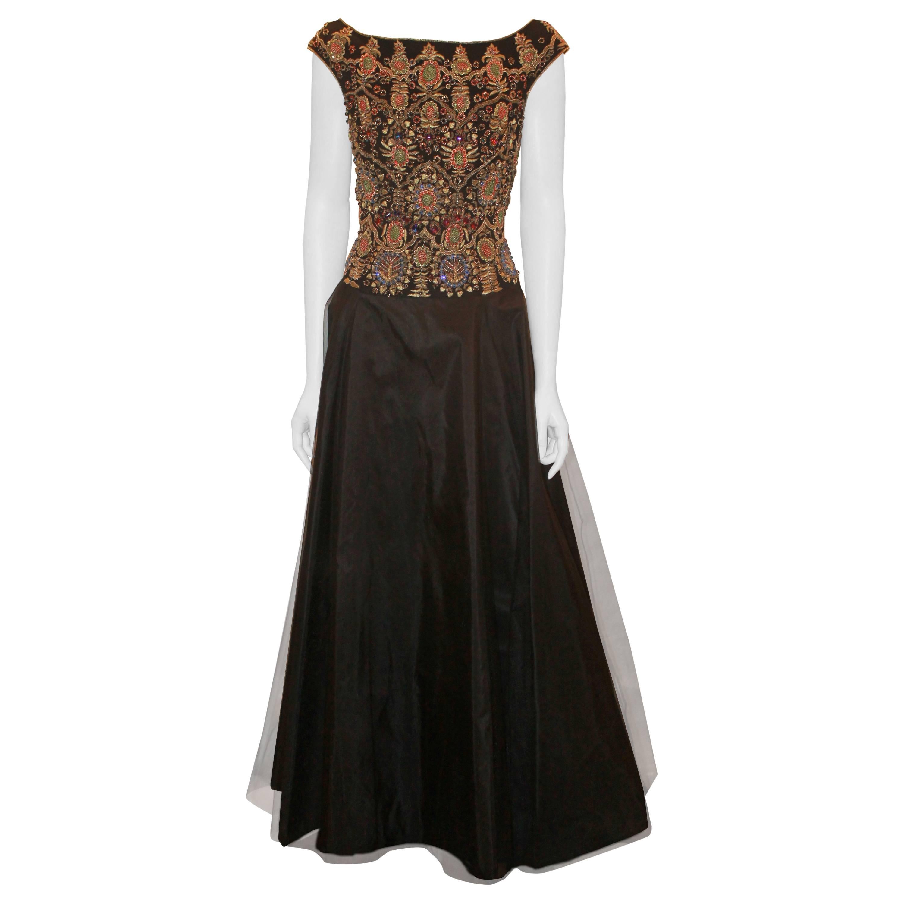Escada 1990’s Black Silk and Tulle Gown w/ Heavily Beaded Bodice - Size 38 For Sale