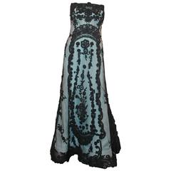 Oscar de la Renta Blue & Black Nylon Silk Strapless Lace & Mesh Gown - 10