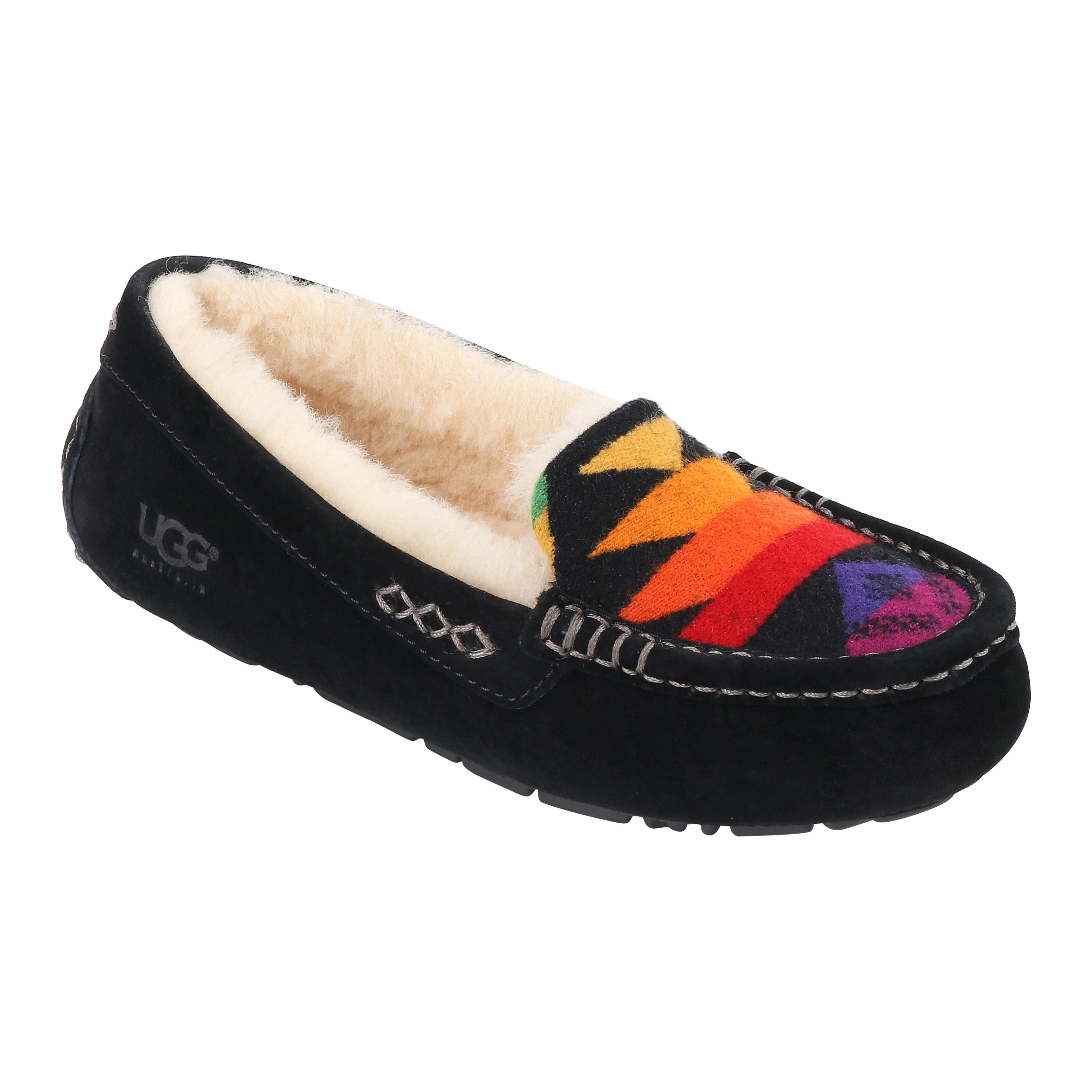 UGG AUSTRALIA Pendleton 2014 Rainbow Black Suede Wool Print Moccasin Slippers For Sale