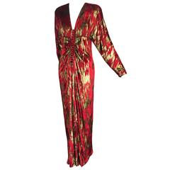 1970s Adolfo Ikat-Patterned Crimson and Lame Velvet Button-Front Gown