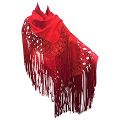 1970s Stunning Wool and Ribbon Cardinal Red Macrame Fringed Shawl