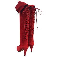 1980s Andrea Pfister Red Suede Over-the-Knee Laced Back Boots 