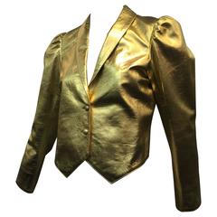 1970s Amphiboles Gold Leather Cropped Jacket w/ Gathered Shoulder
