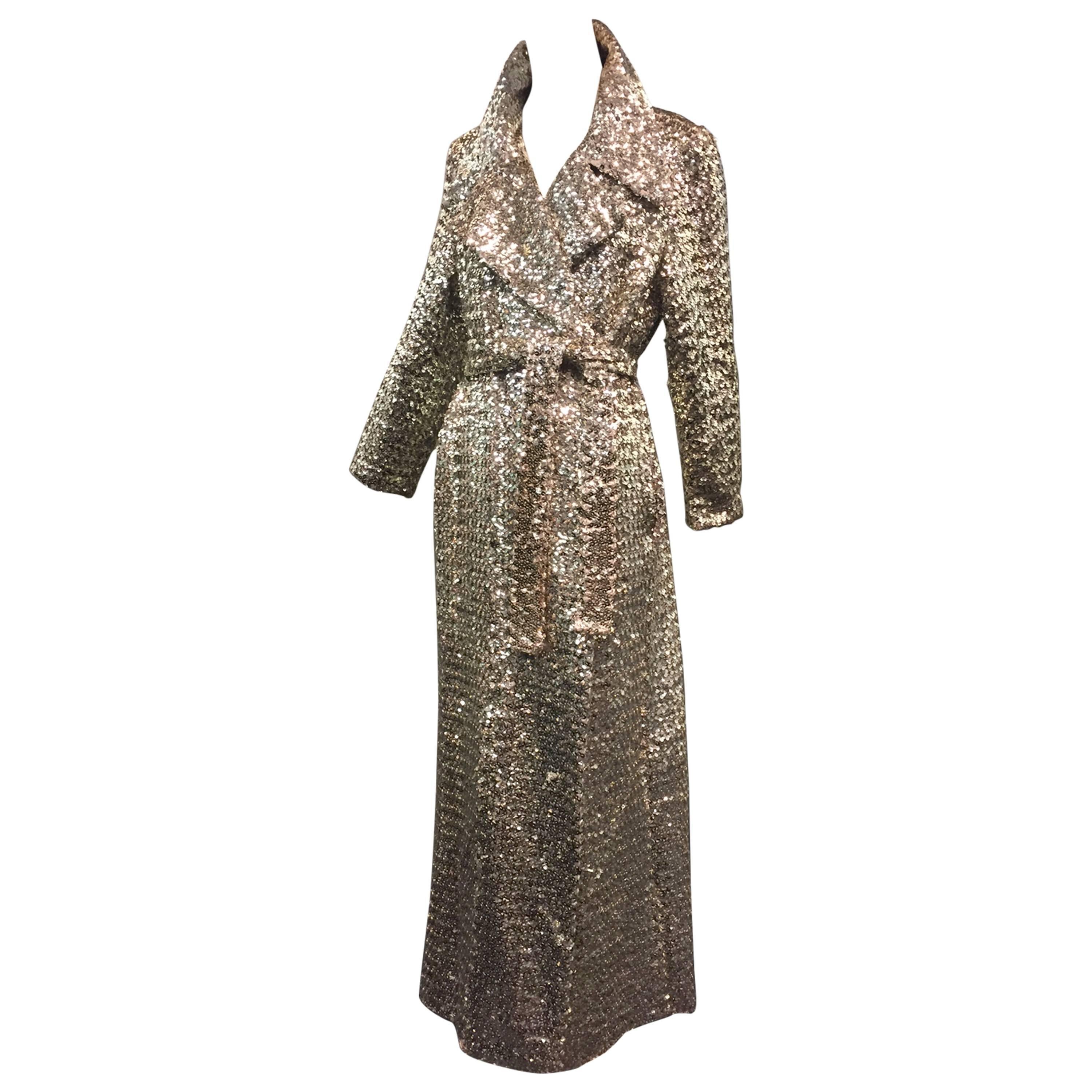1960s Silver Sequin Trench Coat Maxi Length w/ Belt