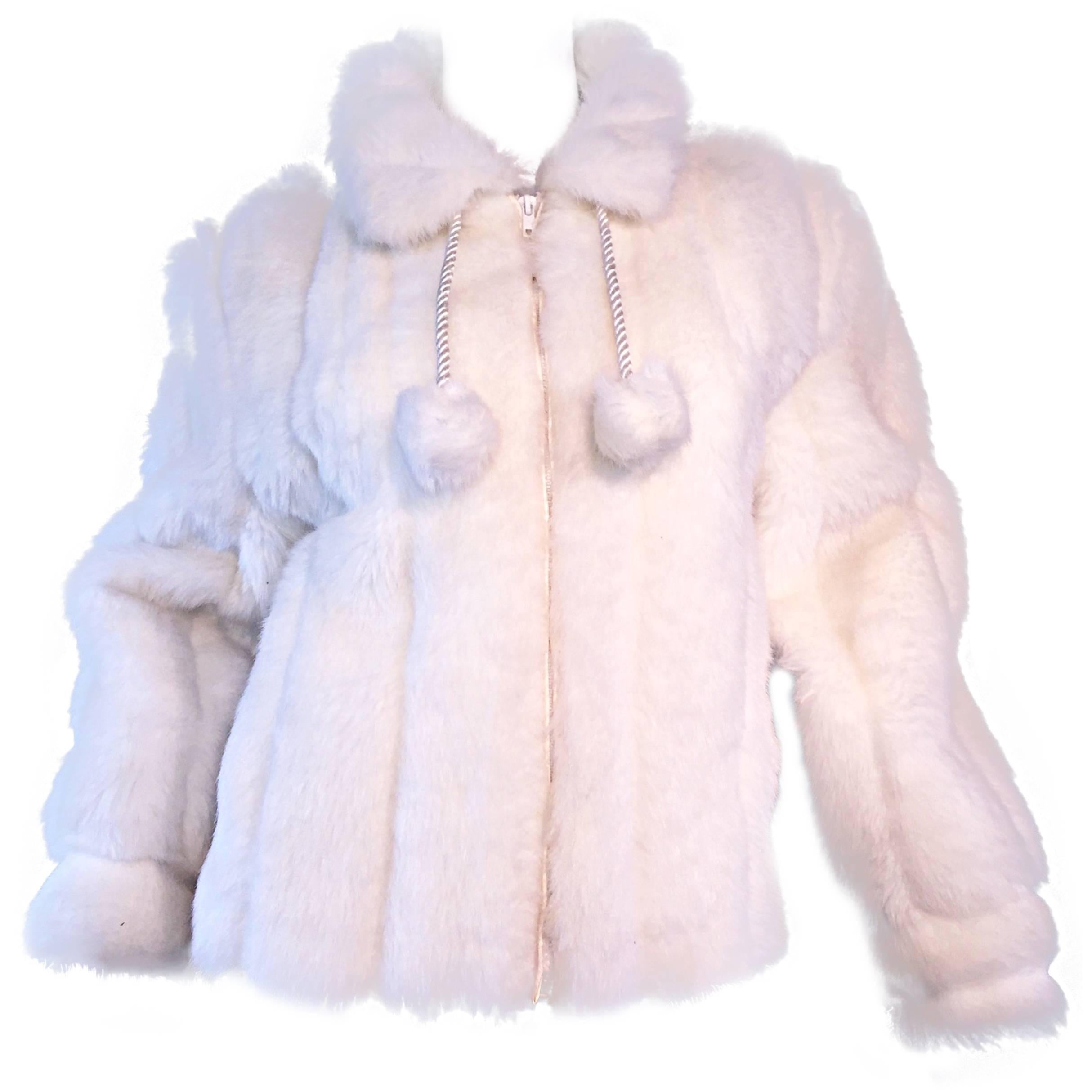 Vintage Oleg Cassini Winter White Faux Fur ' Pom Pom ' Jacket Coat 