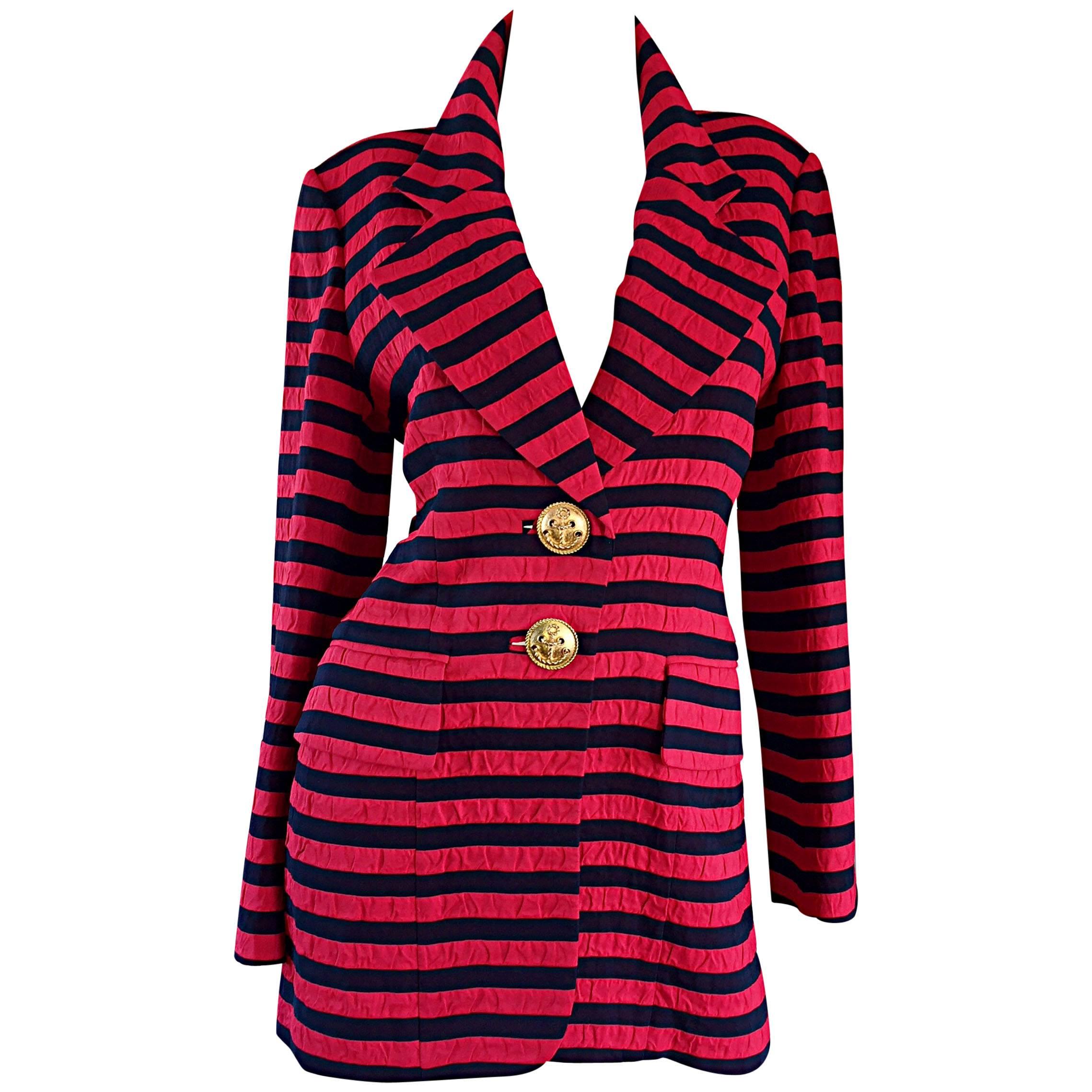 Vintage Christian Dior Couture Red + Navy Blue Striped Nautical Blazer Jacket