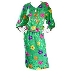 Beautiful Vintage Akris Green Silk Dress w/ Colorful Flower Print Size 14 / 46 