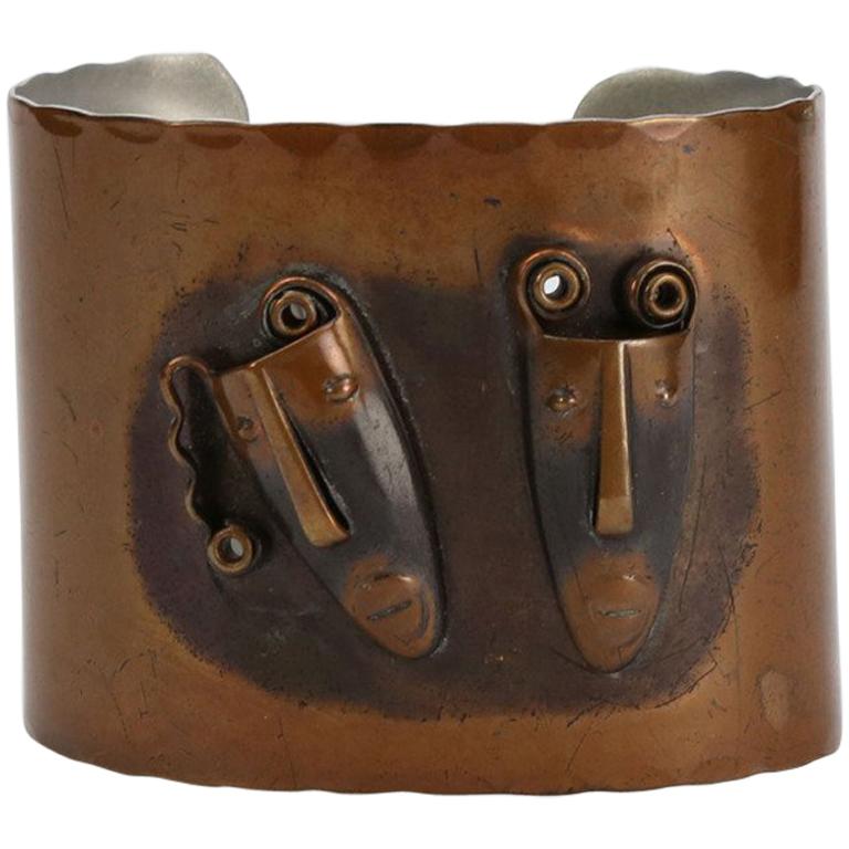 Mid Century Modern Rebajes Comedy and Tragedy Copper Cuff Bracelet