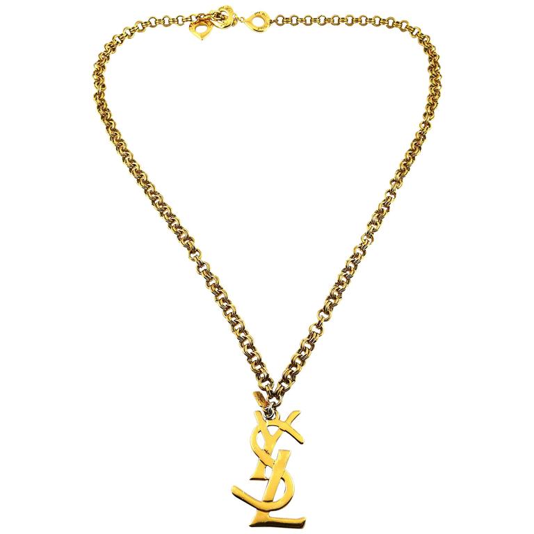 Repurposed Yves Saint Laurent YSL Logo Gold Charm Necklace