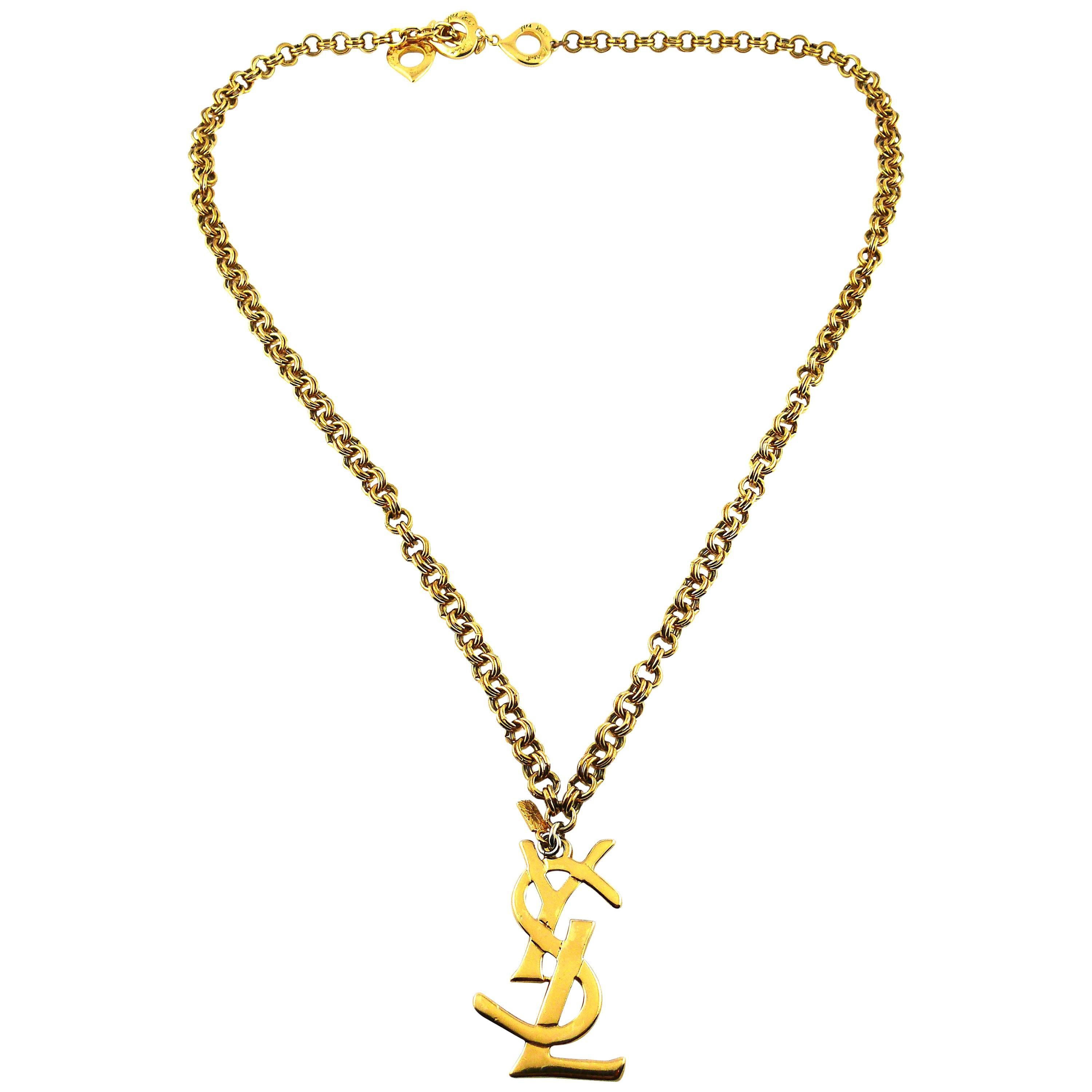 Yves Saint Laurent Vintage Chunky Chain Necklace YSL Logo Charm