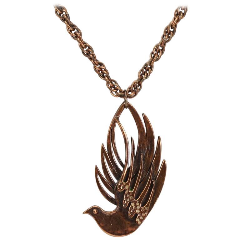 Mid Century Modern signed Rebajes Dove Bird Copper Pendant Chain Necklace For Sale